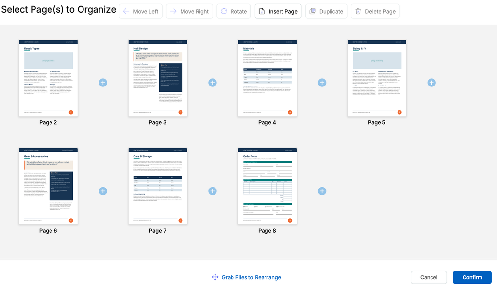 The thumbnail view of fax.live is visible showing seven pages with the cover page deleted. The confirm button is visible.