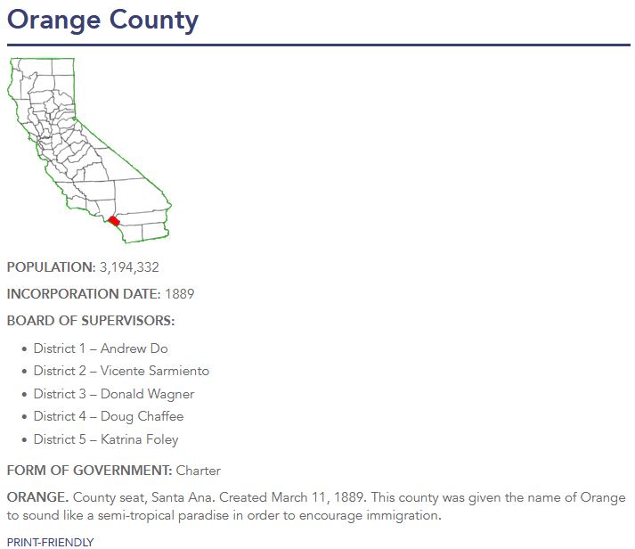A district map of California showing Orange County in red. 