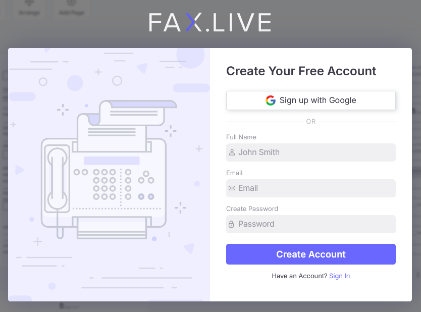 A screenshot shows how to create your free account with Fax.live