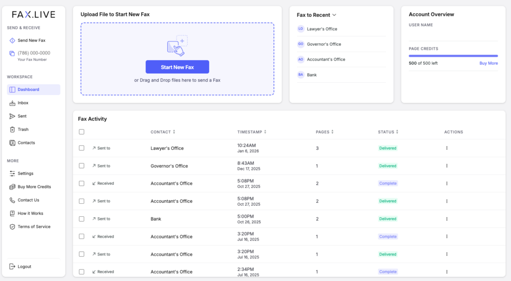 A Fax.Live user dashboard showing fax activity