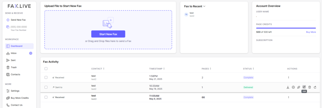 Fax.Live's dashboard with edit icon selected.