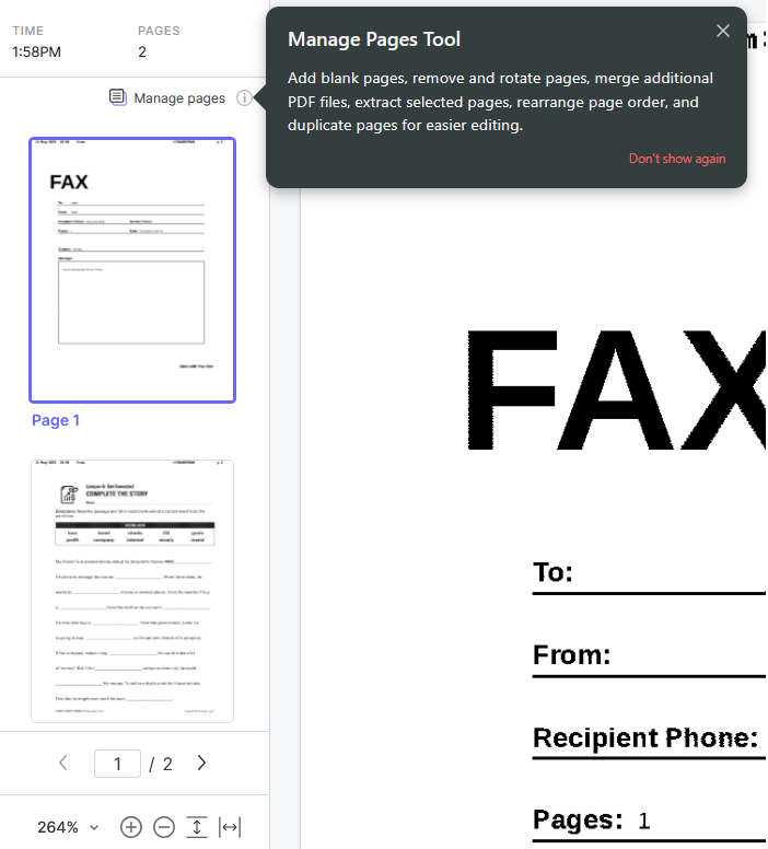 The manage pages tool is visible in the fax.live editor.