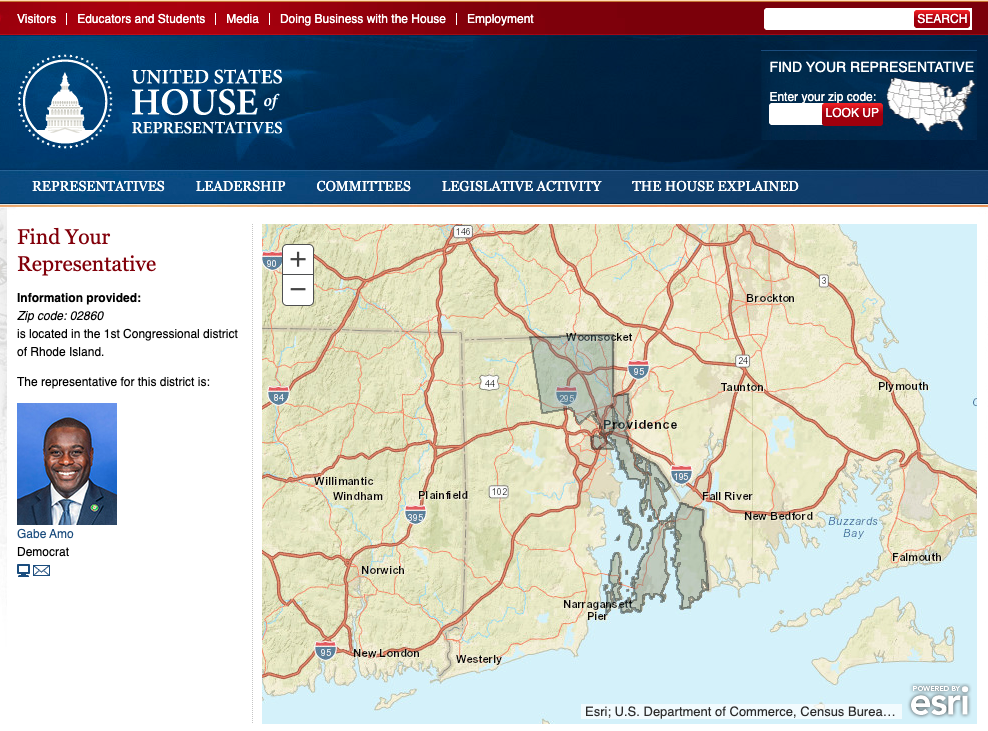 The image shows an example of the United States House of Representatives with a rep from Providence Rhode Island and a map showing his district. 