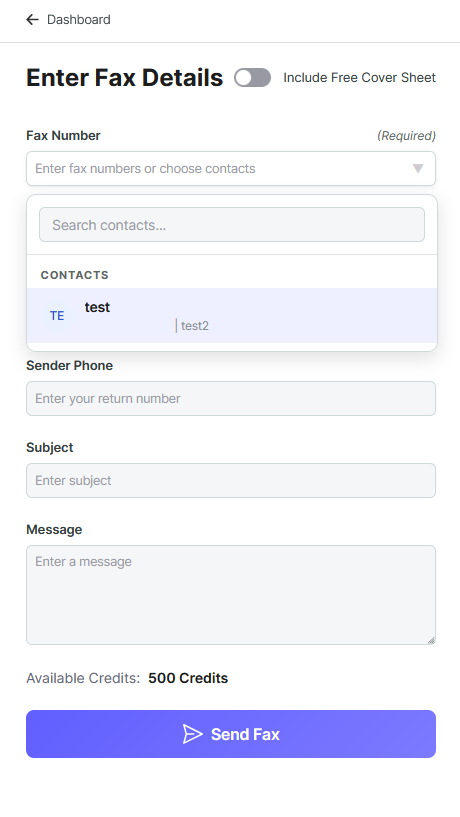 Enter fax details is selected with the contacts showing and our new test example visible.