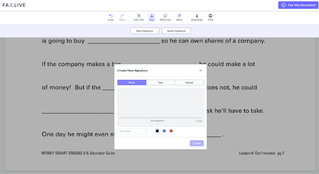 Fax.Live's create new signature field