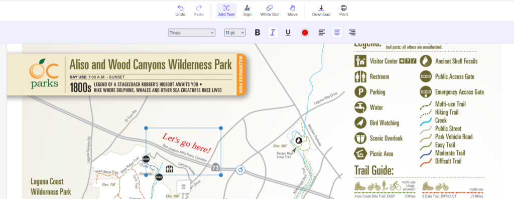 The same map showing the words let's go here on a slant along a highway on a map.