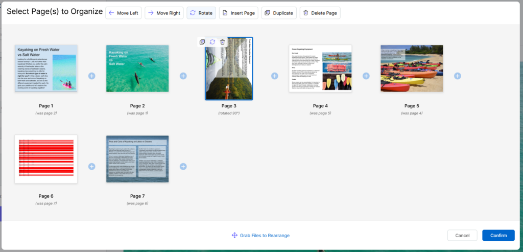 To rotate a page if you uploaded it wrong, navigate to the Arrange menu when you send a fax, select a page in the document, and click Rotate.