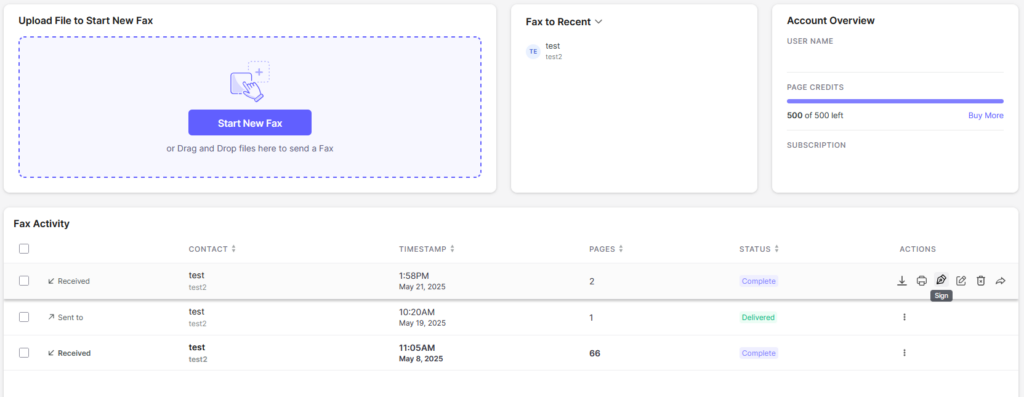 Fax.Live's user dashboard with the sign icon selected