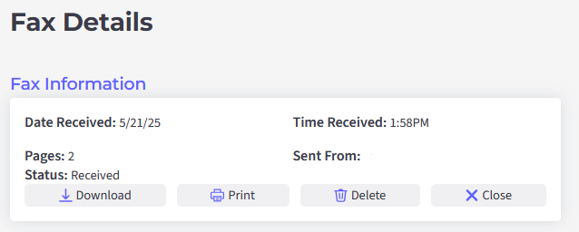 Fax details shows date received, time received number of pages and options to download, print delete and close.