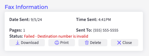 The status field shows the fax failed because the intended recipient's phone number is invalid. 