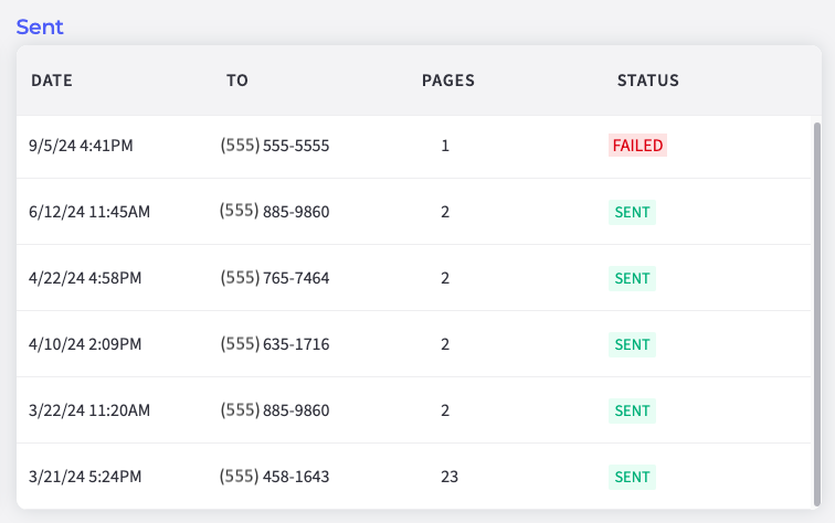 Fax.Live's dashboard shows the status of all sent faxes. Sent is in green. Failed is in red.