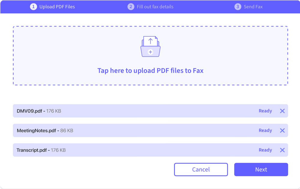The fax.live interface shows three documents have been uploaded and are ready to send.