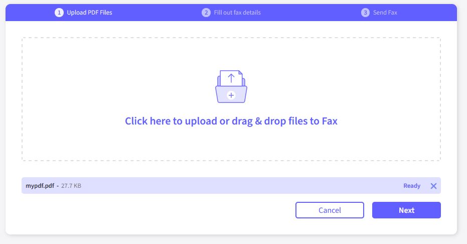 To fax without a fax machine, drag and upload your PDF into Fax.Live's action box.